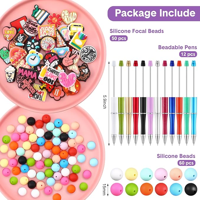 Humyoun 122 Pcs Beadable Pen Kit for DIY Pens Making Back to School Supplies with 12 Beaded Pens 110 Silicone Focal Beads, Black Ink Pen Gift for School Office Students Classroom(Bright Style)