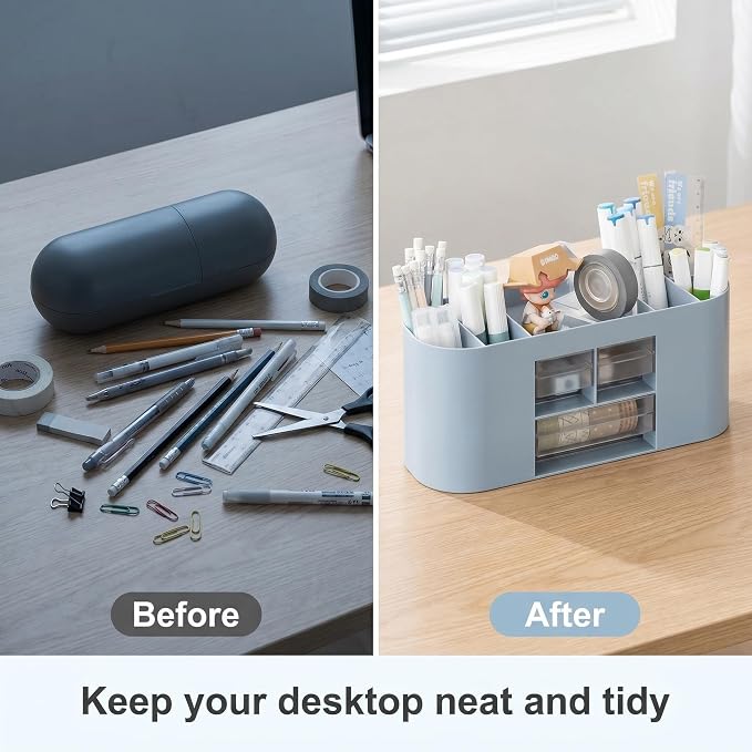 School Supplies Organizer with Drawers, Pen Holder, Blue | Student desk organizer with removable dividers and clear drawers for pens, markers, art tools and school supplies.