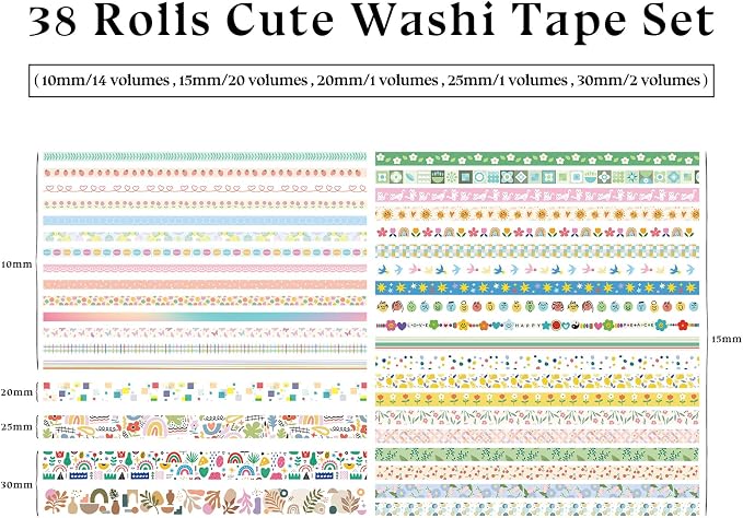 Bomichi 38 Rolls Washi Tape, Aesthetic Colored Decorative Cute Scrapbook Tape for Scrapbooking Supplies Journaling Craft Junk Journal