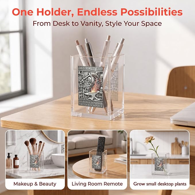 Funny Skull Dumpster Fire Office Acrylic Cosmetic Pen Pencil Holder Cup, The Strongest Steel Forged Dumpster Fire Pencil Organizer, Humor Desk Accessories, Inspirational Gifts for Coworker（A36）