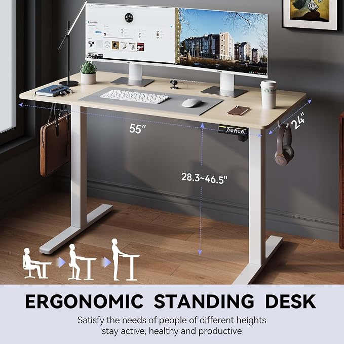 Large Electric Standing Desk,55x24 Inches Adjustable Height Stand up Desk, Sit Stand Home Office Desk, 3 Preset Heights,Equipped with Hooks,Ergonomic Computer Desk Workstation，Nature