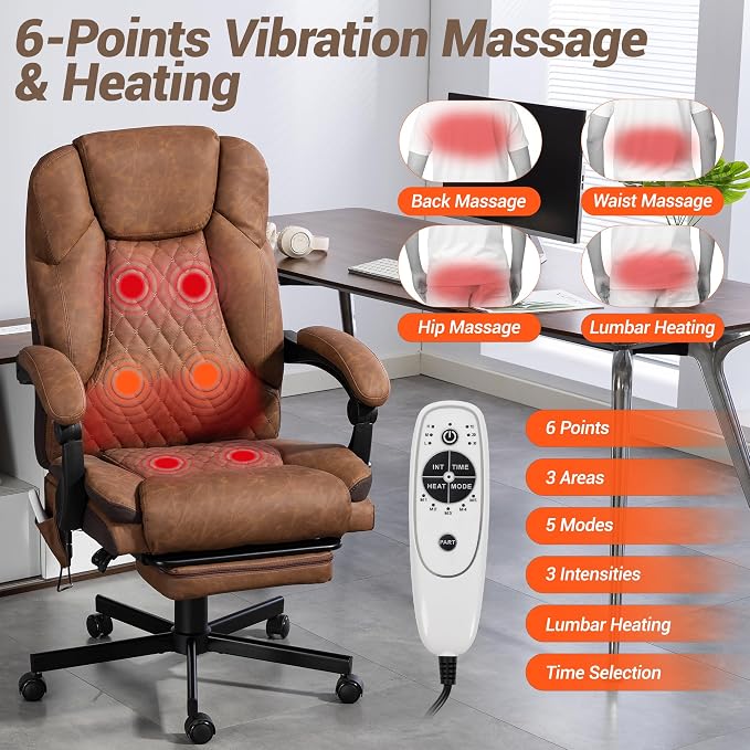Heated Massage Executive Office Desk Chair with Footrest - Brown | 6 Points Vibration Massage System, 5 Massage Modes, 3 Target Areas (Back,Lumbar,Seat), Reclining 90°-135°