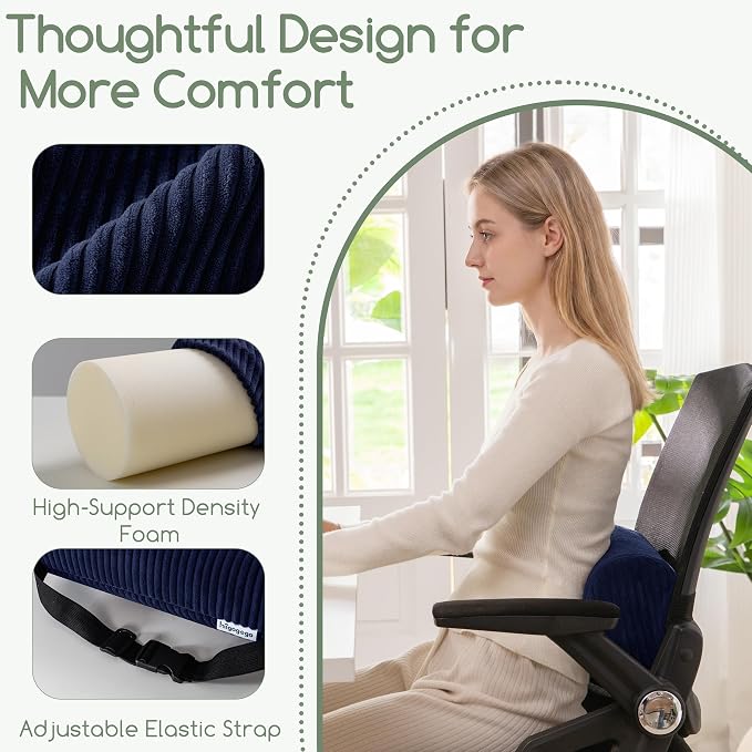HIGOGOGO Lumbar Roll Lumbar Support Pillow for Office Chairs, Cars, and Gaming Chairs, Back Cushion with Washable Cover & Adjustable Strap to Relieve Back Pain and Improve Posture, 11"x6"x5", Navy