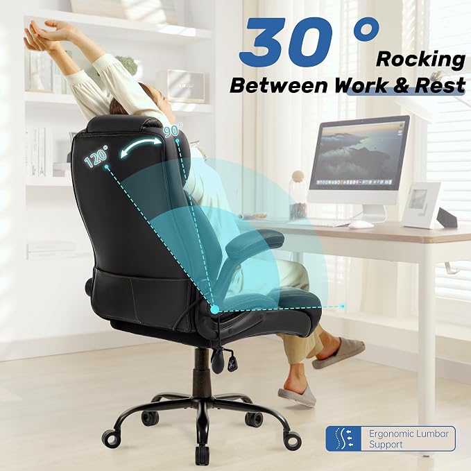 550LBS Big and Tall Office Chair, Comfy Heavy Duty Executive Chair with Adjustable Lumbar Support Double Spaces Casters, PU Leather Extra Wide Seat Ergonomic Computer Desk Chair for Back Pain, Black