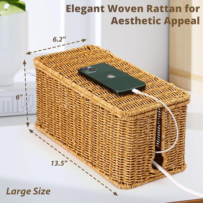 ZhiYo Rattan Cable Management Box, Cord Organizer, Nature, 13.5"x6.2"x6" | Handwoven imitation rattan cord hider box conceals power strips and cables for a clean desk or floor setup