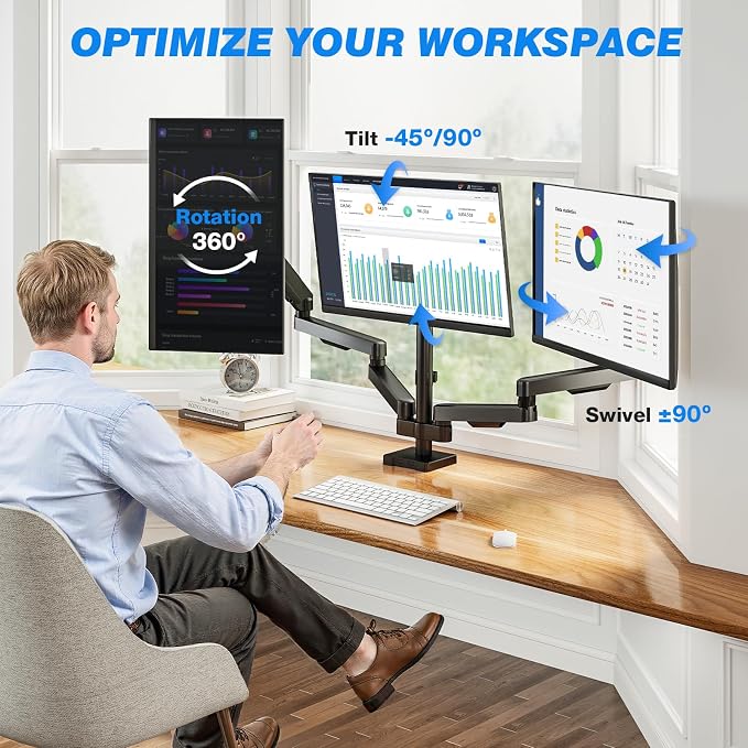 Triple Monitor Mount for 17-32" Screens, VESA 75/100mm | Holds up to 19.8lbs per Arm. Full Motion Tilt, Swivel, 360 Rotation, Extra Tall Pole, C-clamp/Grommet Base.