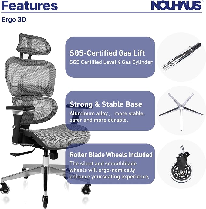 Nouhaus Ergo3D Ergonomic Office Chair Grey | Dynamic Lumbar Support, Mesh High Back, 4D Armrests, Adjustable Headrest, Aluminum Base, BIFMA, SGS, 2 Sets of Wheels