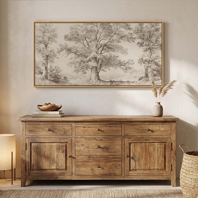Framed Vintage Landscape Wall Art for Living Room, Horizontal Neutral Canvas Artwork Wall Decor, Large Tree Pictures Prints Paintings for Bedroom Dining Room Hallway, 20x40 Inch