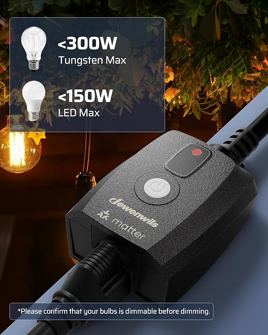 DEWENWILS Wi-Fi Matter Smart Dimmer Plug, Outdoor Dimmer for String Lights, Works with Alexa, Google Home, SmartThings, 100FT Remote, for 150W Dimmable LED/300W Tungsten Bulbs, 2.4GHz Only