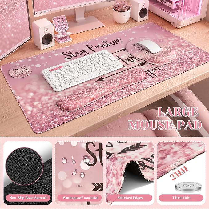 iCasso Mouse Pad,Large Pink Desk Mat Set, 4in1 XXL Mousepad + Keyboard Wrist Rest+Mouse Wrist Rest+Coaster with Ergonomic Desk Pad for Home Office Table Computer Cover -Pink Stay Positive