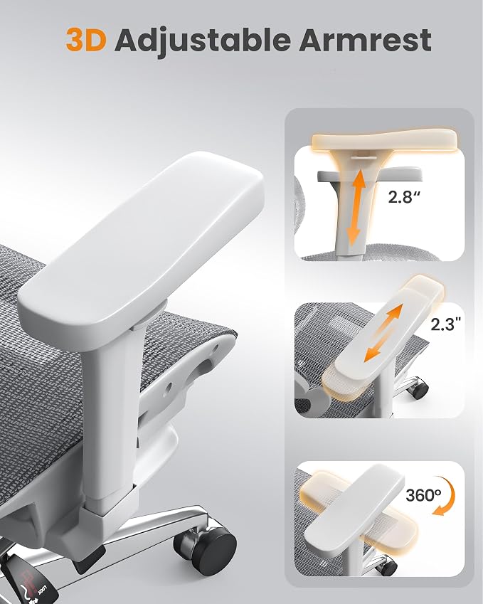 naspaluro Ergonomic Office Chair Lumbar Support High Back 350lbs Capacity | Adjustable Height Breathable Mesh Swivel Desk Chair with 3D Armrest Headrest, Footrest, PU Wheels, Comfy Computer Chair Grey