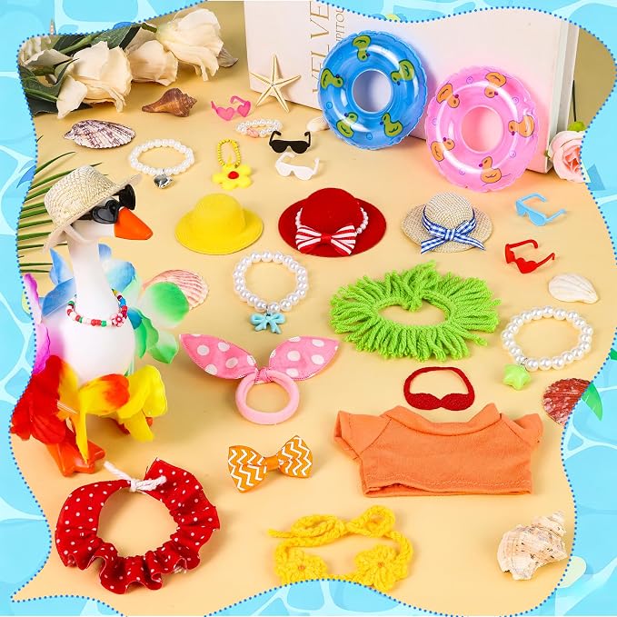 Desk Goose Key Holder 7 Inch Mini Figurine with 6 Set Summer Hawaiian Outfits,Summer Holiday Desktop Magnetic Small Proch Goose Resin Statue Set for Home Office Bedroom Office Table Decor