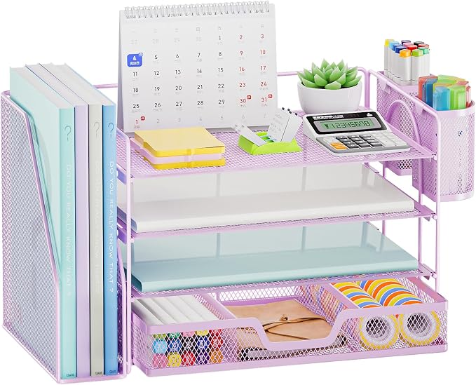 Marbrasse 4-Tier Paper Tray Organizer with Drawer and Pen Holder, Purple | Metal Mesh Desk Organizer, Built-in Drawer & 2 Pen Slots, fits letters/Files, for School Home Office Supplies