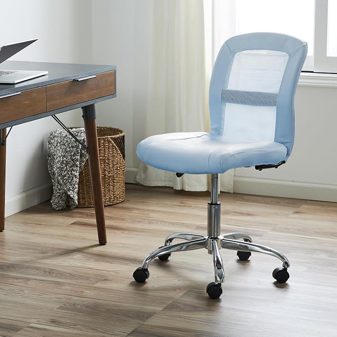 Serta Armless Small Home Desk Chair with Wheel, Ergonomic Mesh Office Chair | Leather and Foam Cusioned Seat, Adjustable Height, Small Vanity Chair for Bedroom and Small Spaces, 360° Swivels, Sky Blue