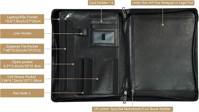 AZXCG Leather Portfolio with Zipper, Embossed PU Leather Padfolio Folio, Professional Business Document Organizer with A4 Letter Sized Writing Pad Holder(Black)