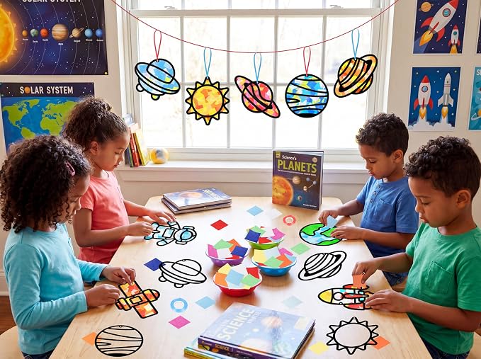 Renbuzhu 48PCS Solar System Space Paper Suncatchers DIY Project Kits, Back to School Window Stained Glass Effect Art Supplies for Party