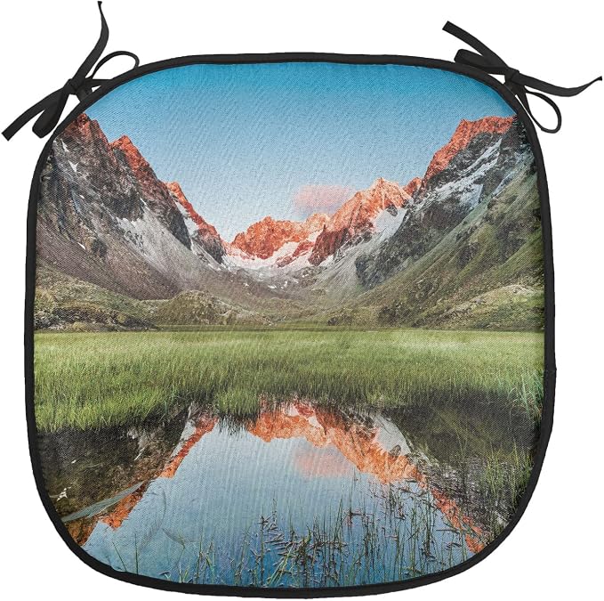 Lunarable Rustic Chair Cushion Pads Set of 6, Snowy Peaks Mirroring in Lake Surrounded by Meadow Below Stubai Alps Austria Image, Anti-Slip Seat Padding for Kitchen & Patio, 16"x16", Multicolor