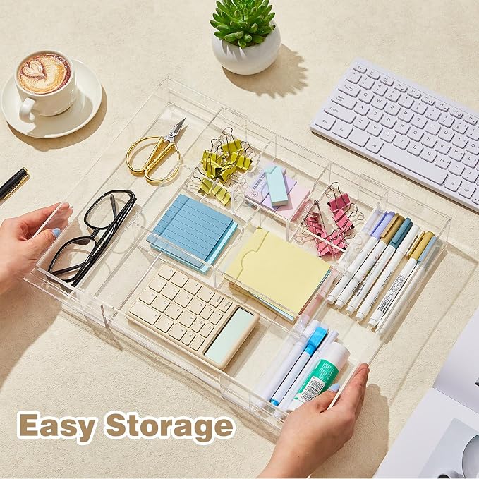 Briwooody 2 Pcs Acrylic Desk Drawer Organizer Maximum 12 x 18 x 2.1 Inch Expandable Drawer Organizer Trays with 8 Adjustable Compartments Desk Accessories for Makeup Silverware Office Bathroom