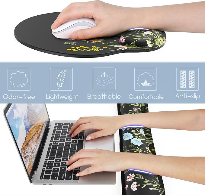 Ergonomic Mouse Pad with Wrist Rest and Keyboard Wrist Rest, Memory Foam Wrist Rest for Computer Keyboard, Easy Typing, Pain Relief, Black Mouse Pad Wrist Support for Gaming,Office, Laptop, Floral
