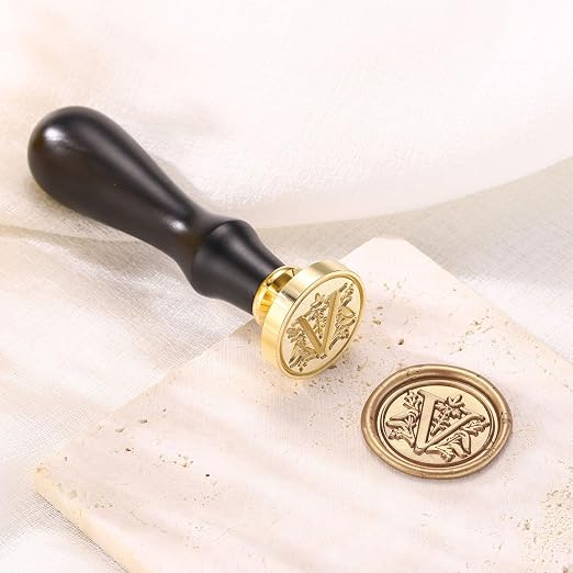 Yoption Traditional Initial Alphabet Wax Seal Stamp with 120 Antique Gold Wax Seal Beads Kit for Wedding Engagement Party Invitation Envelope Christmas Gift Wrap - Letter V