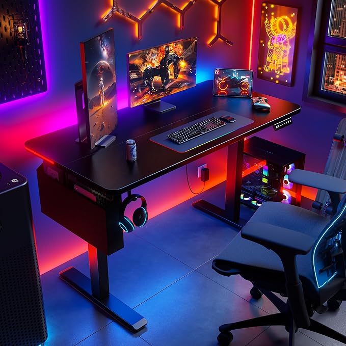 Electric Standing Desk, 48x24" Adjustable Height Computer Desk, with 3 Memory Presets, RGB Lights, Overheating&Overvoltage Protection, for Home Work, Study and Gaming, Small Spaces, Modern Furniture