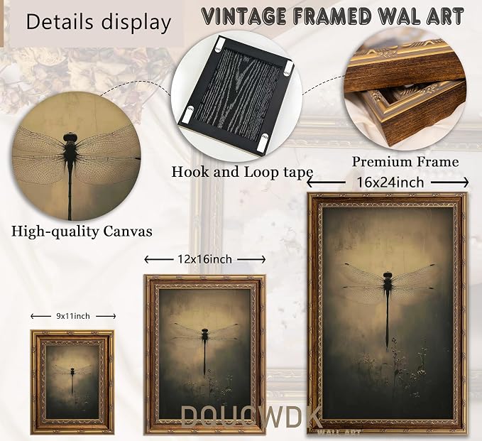 Vintage Gold Framed Wall Art Retro Dark Dragonfly Painting Canvas Prints Gothic Insect Picture Wall Decor Rustic Farmhouse Animal Poster Artwork for Living Room Bedroom Bathroom, 9x11in