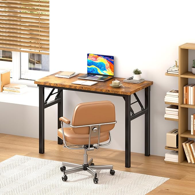 SDHYL 31.5 inches Foldable Computer Desk for Home Office Workstation, Small Portable Collapsible Study and Writing Table with Metal Frame, Rustic Brown