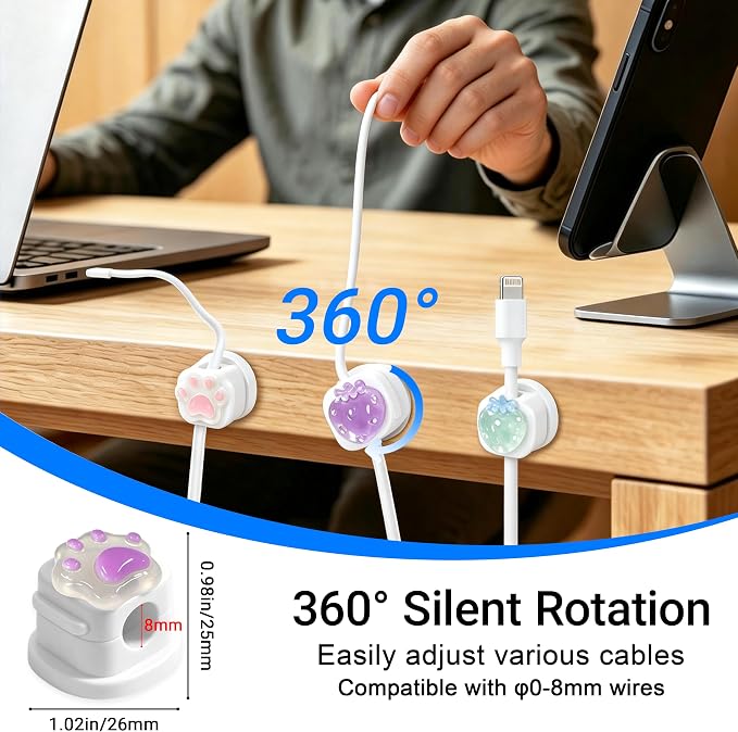 9Pack Magnetic Cable Clips,Night-Glowing Cord Holder,White | Cute Rotating Charger Holder,Strong Adhesive Cable Management, For Nightstand Office Car Home Desk Wall,Strawberry Star Cat