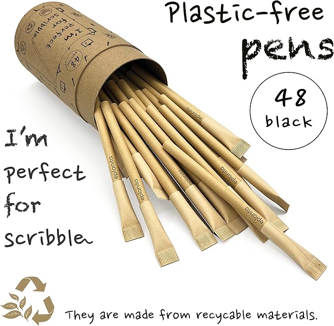 eplanita I’M PERFECT FOR SCRIBBLE – Eco Friendly Pens (Pack of 48), Black Ink Ballpoint Biros, Sustainable Stationary Supplies, For Office or School, One Tree Planted