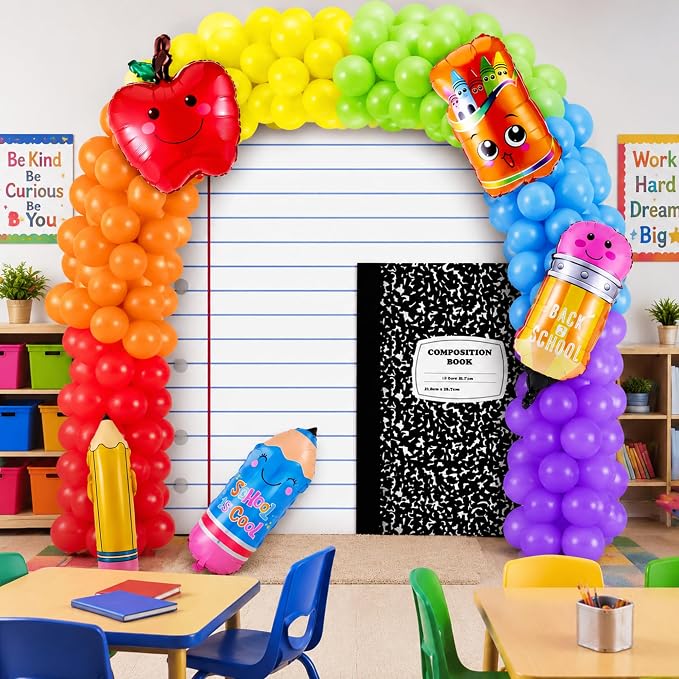 Hahafelt 158 Pcs Back to School Party Decorations Rainbow Balloon Garland Arch Kit with Composition Notebook Backdrop Giant Apple Crayon Pencil Balloon for First Day of School Classroom Party Supplies