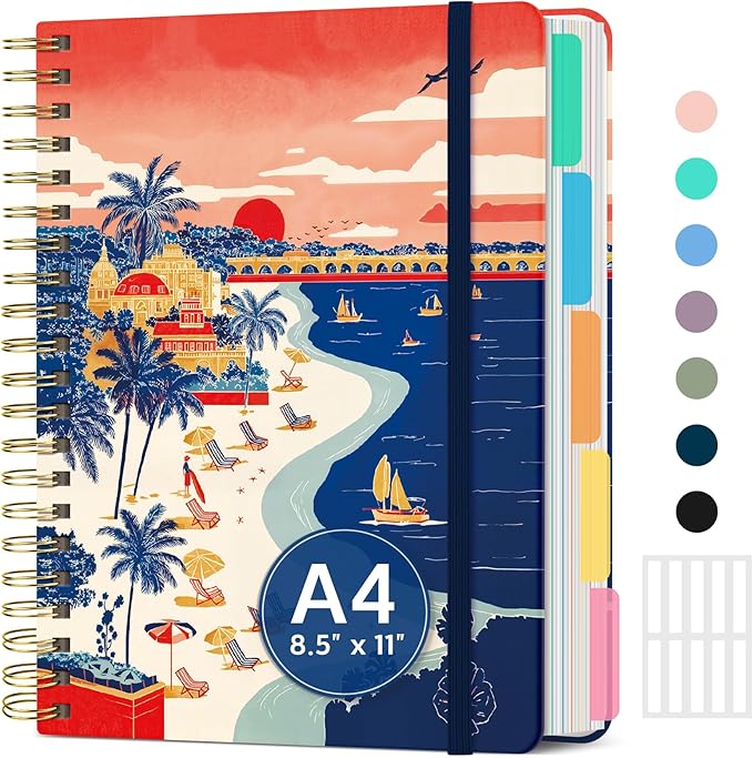 Large Spiral Lined Notebooks for Work with Removable Dividers & Tabs, 8.5"x11" Pretty Hardcover 5 Subject Notebook Journal for Women, College Ruled, Perfect for Study & Office Organization, 280 Pages, Coastal Sunset