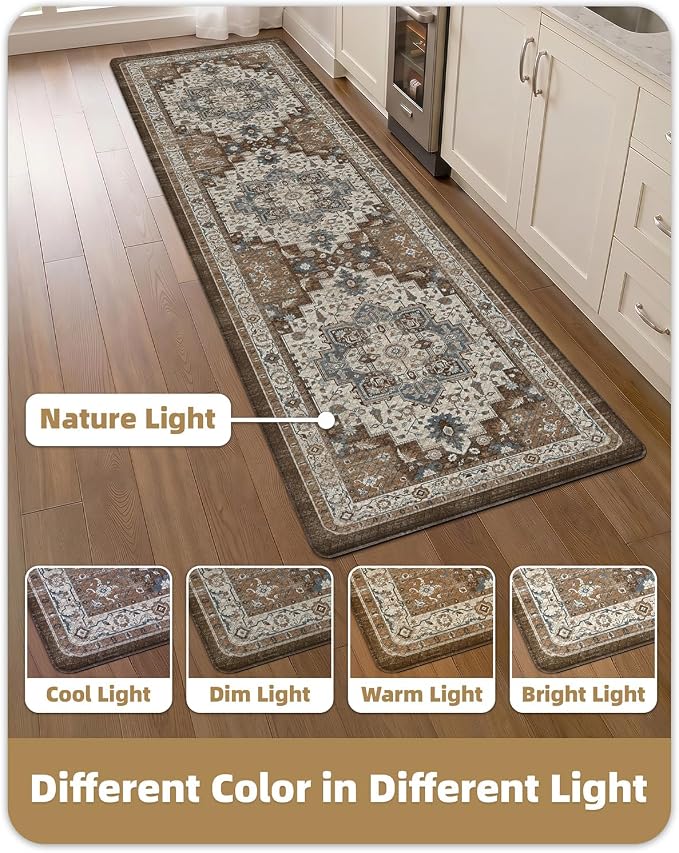 Color&Geometry Kitchen Floor Mat 24x87 Faded Vintage Anti Fatigue, Brown | 0.4in Cushion Standing Mat For Cooking/Working/Laundry, Boho Decor, Non Slip PVC Kitchen Rug, Oil/Water Proof, Anti Slip