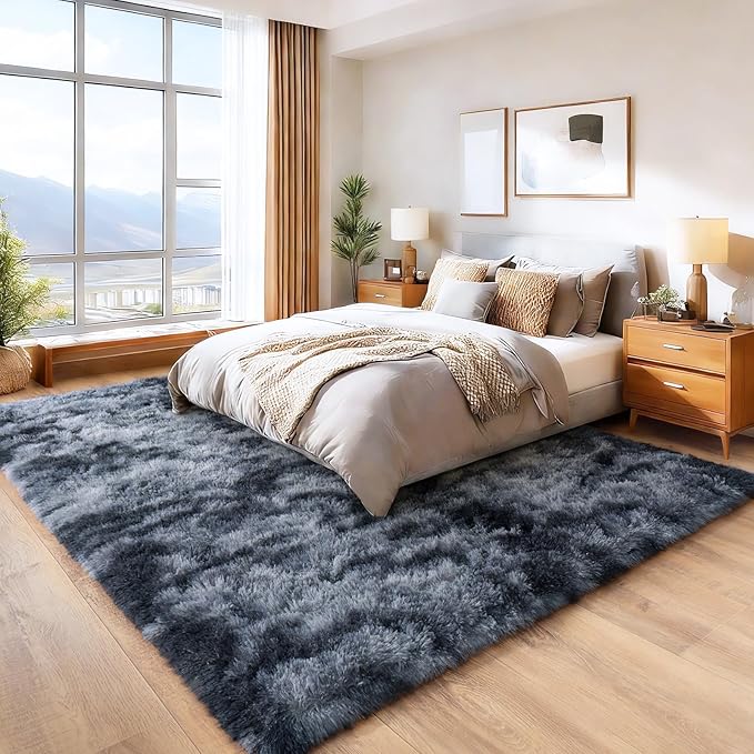 Area Rugs for Living Room Bedroom 9x12, Ultra Fluffy Shag Rug Modern Washable Carpet Soft Shaggy Non Slip Indoor Plush Fuzzy Rugs for Bedroom Dorm Office Home Aesthetic Decor, Tie-Dyed Blue Grey