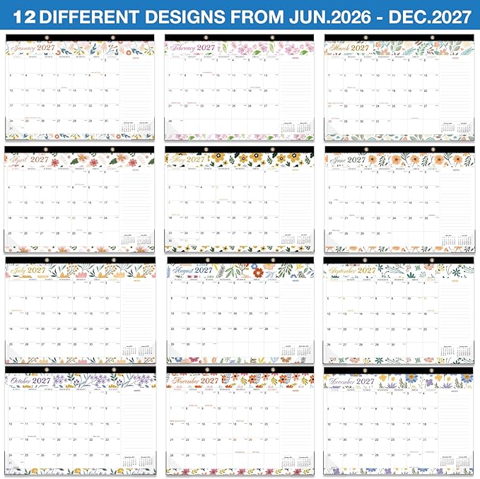 Desk Calendar 2026-2027 - 19 Month Desk Calendar july 2026-2027 Dec, 17" x 12", Large Monthly Desktop Calendar with Plastic Cover, Thick Paper, Corner Protectors - Floral (2 Stickers Included)