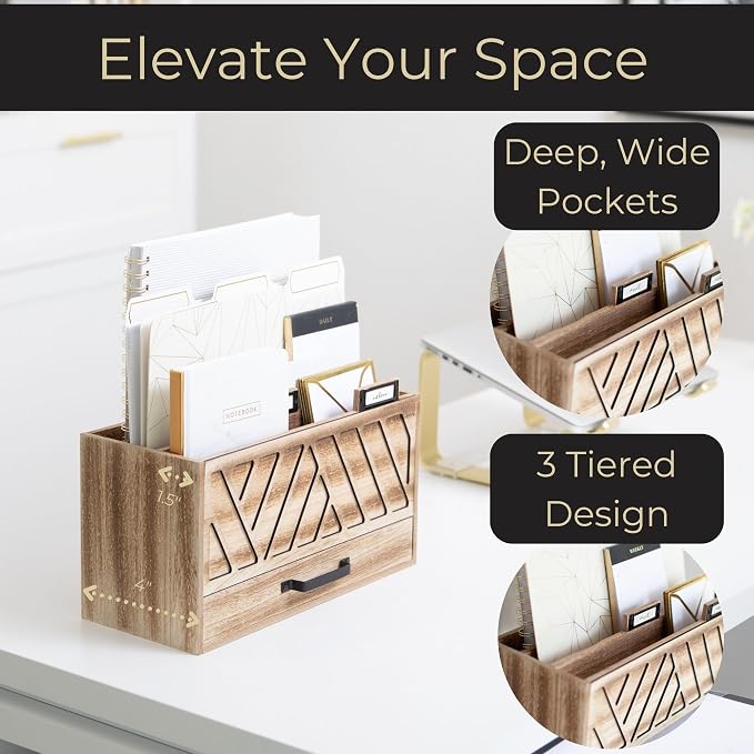 BLU MONACO | Natural Wood Desktop Mail Organizer with Drawer | Three-Tier Mail Sorter with Black Label Holders | Countertop Mail Holder & Document Storage for Home or Office