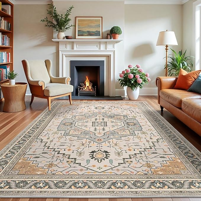 Macgace 6x9 Grey Beige Area Rug for Living Room, Machine Washable Rugs with Non-Slip Backing for Bedroom, Vintage Medallion Carpet Dining Room Office Kids Room Decor
