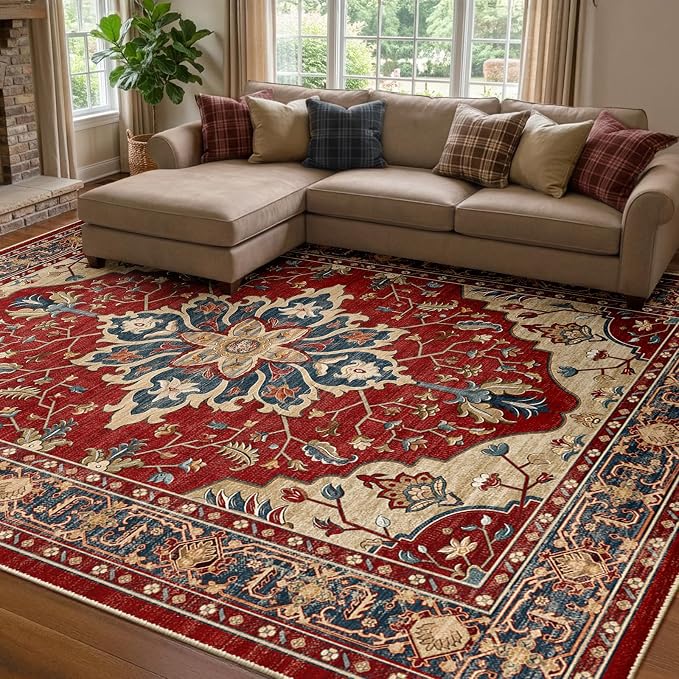 RELEANY Area Rugs 7'x9' Washable Non-Slip, Floral Vintage Distress Medallion Carpet for Living Room Bedroom Dining Room, Red Blue