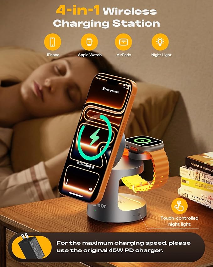 3 in 1 Charging Station Compatible with MagSafe Charger, 25W Magnetic Wireless Charger Night Light, Foldable Charging Stand for iPhone 17/16/15/14/13/12, Apple Watch, AirPods (45W Adapter)