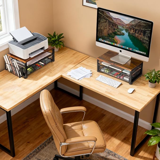 ARCOBIS Monitor Riser with Drawers and Pen Holders | Wood & Mesh Metal Computer Monitor Stand with Storage for Desk, Rustic Brown