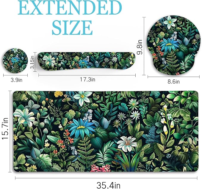 LIMKRIAN Floral Mouse Pad Large Desk Mat Set, Green Ergonomic Mouse Pad with Wrist Rest Keyboard Wrist Support XXL Mousepad Cup Coaster Set, Cute Green Office Desk Accessories Decor Supplies