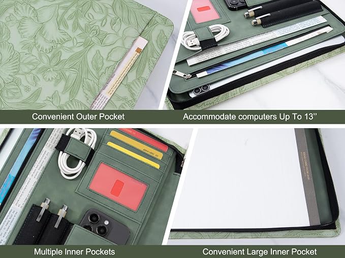 AZXCG Leather Portfolio with Zipper, Embossed PU Leather Padfolio Folio, Professional Business Document Organizer with A4 Letter Sized Writing Pad Holder(Green, Custom)