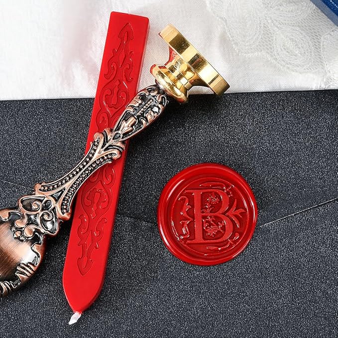 Wax Seal Stamp kit, Envelope Seals DIY Kit - Retro Sealing Wax Candle + Classic Initial Alphabet Seal Stamp Letter B - in Blue Gift Box