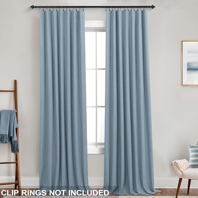 KOUFALL 52x102 Inches Long Stone Blue Back Tab Linen Blackout Curtains for Living Room