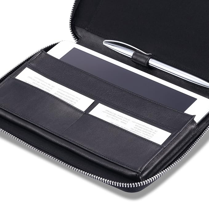HISCOW Zip-Around Leather Junior Padfolio, 5x8 Notepad Cover, Black | Italian full-grain cowhide, top-loading legal pad holder, tablet and document sleeve, 2 card slots, rigid pen loop