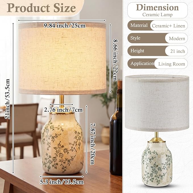 Tellingyou 1 Pcs 21" Vintage Green Ceramic Lamp with Beige Linen Shade Farmhouse Modern Table Lamp Ice Cracked Rose Floral for Bedroom Living Room Office Dorm Desk Table Rocker, Bulbs Not Included