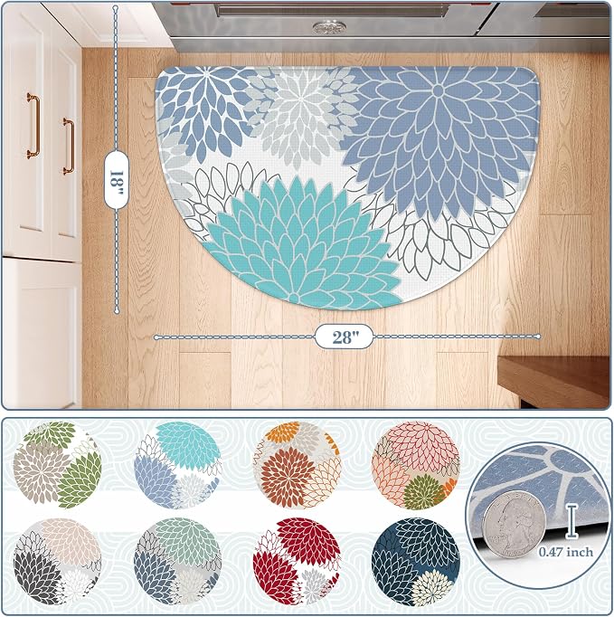 KIMODE Half Circle Kitchen Mats for Floor Cushioned Anti Fatigue Semi Round | Half Round,28"x18",Dahlia Boho,Blue White,Kitchen Rug Non Slip ,Waterproof Sink Floor Mat Carpet Decor for Laundry Bathroom