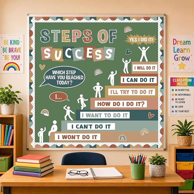 Motivational Bulletin Board Decorations Set Back to School Positive Classroom Decor Steps of Success Paper Cutouts Educational Sayings Accents for School Door Wall Chalkboard Decor Supplies (Boho)