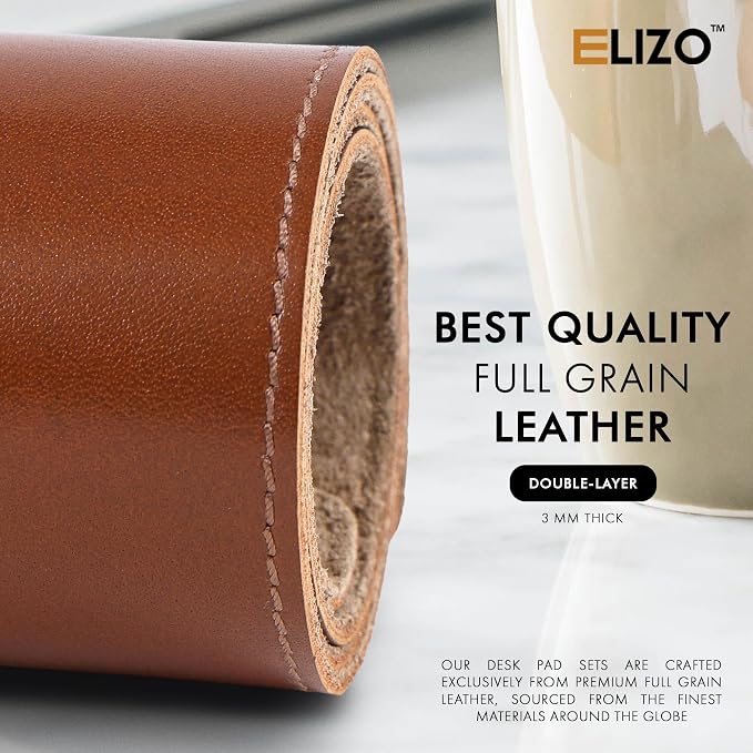 ELIZO Leather Desk Pad Real Leather Desk Mat Thick (3mm) Double Layer (32x16) Cover Blotter Desk Protector Large Computer Mat for Keyboard Mouse Pad Table Laptop Mat Office Accessories - Camel