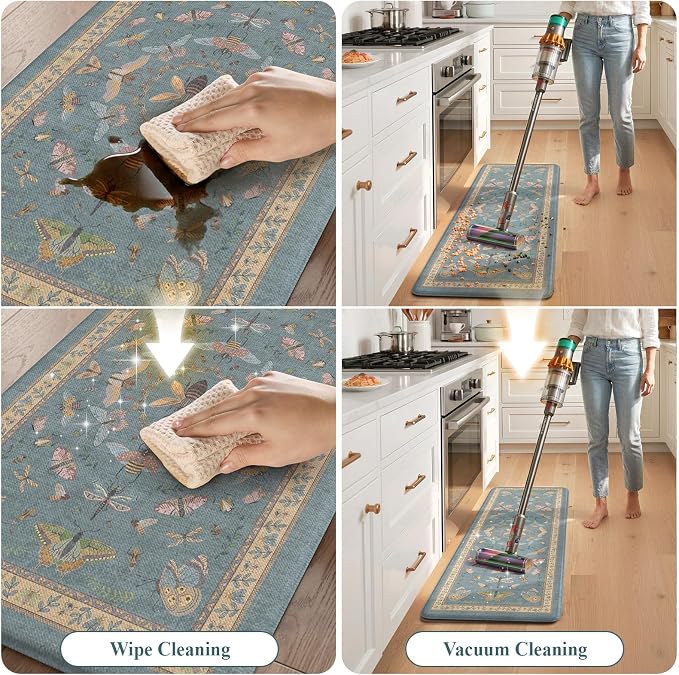 KIMODE Kitchen Mats Cushioned Anti Fatigue Kitchen Mats for Floor 2 Piece | 17 x29+17"x47", Blue,Vintage Butterfly,Non Slip Waterproof,Memory Foam,Standing Mats,for Laundry Sink Office Home Decor