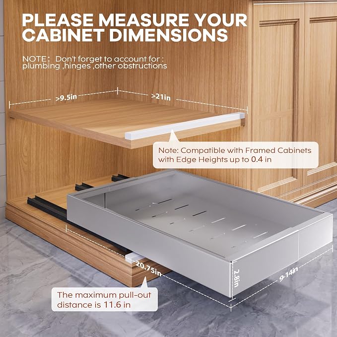 Seinloes 2 Pack Expandable Width (9"-14.1") Pull Out Cabinet Organizer 21" Deep with Raising Pad for Framed Cabinets, Upgrade 3 Slide Rails Slide Out Drawers, Roll Out Shelves Adhesive, Silver